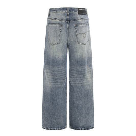 Washed and ground white denim wide leg pants