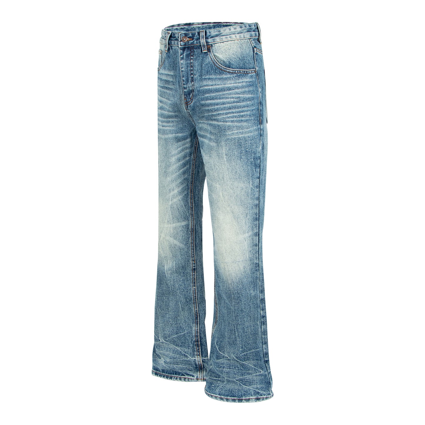 Retro Distressed Cat-Whisker Bamboo Stripe Flared Jeans with Lightning Pattern High-Waisted