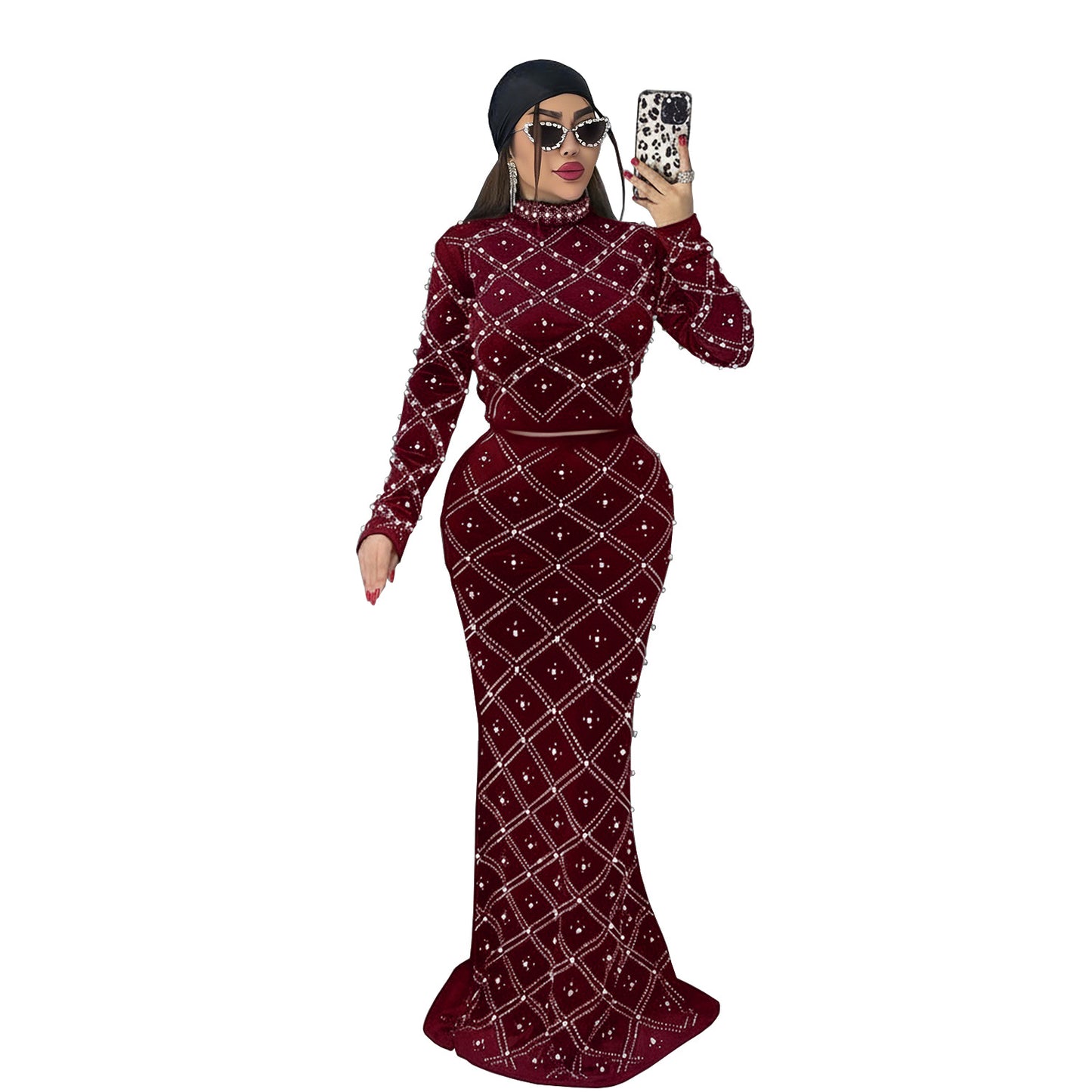 Fashion Women's Elegant Rhinestone Beaded Top and Long Dress Two-Piece Set