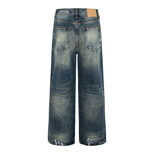 American Vintage Distressed Jeans with Catwhisker Hand-Sanded Rips, Unisex Straight Loose Casual Pants