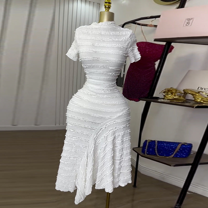 Half-High Neck Short Sleeve High-Waisted Slim-Fitting Midi Dress for Women