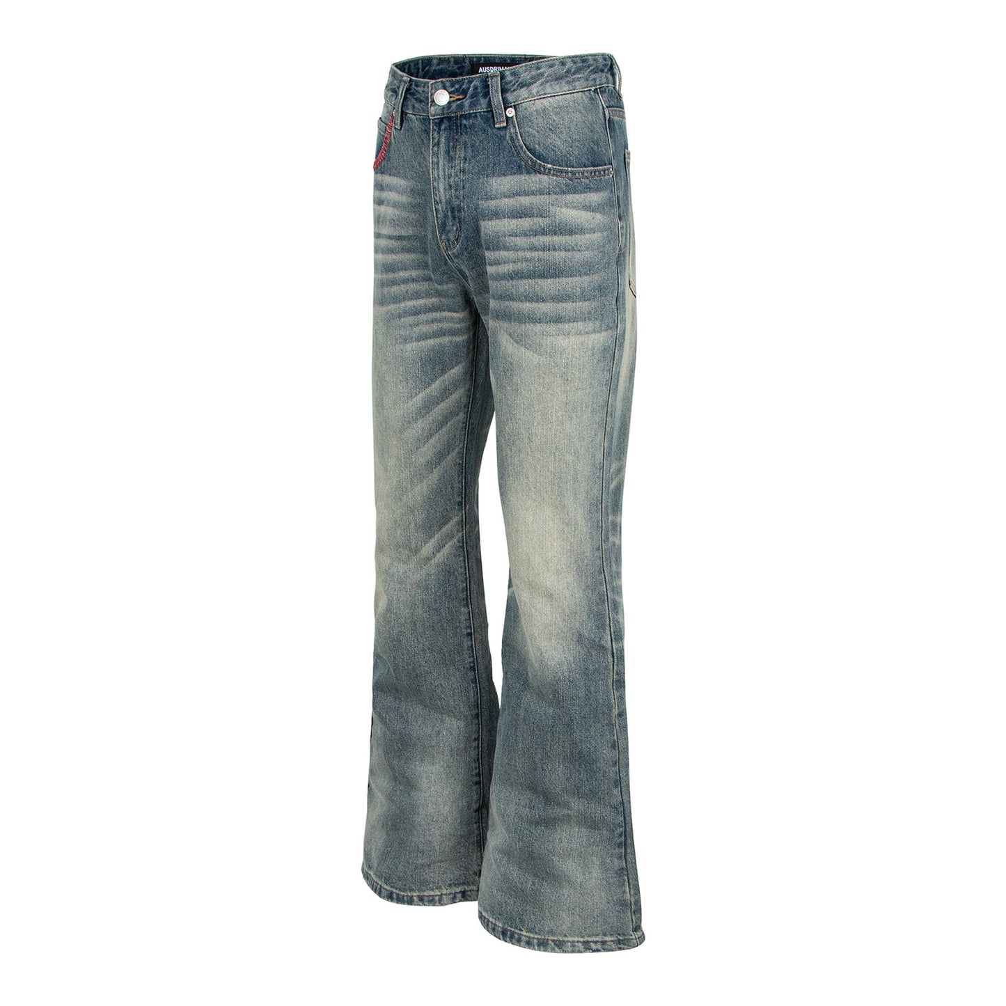 Washed Distressed Cat Eye Denim Pants with Red Thread Pocket Embroidery
