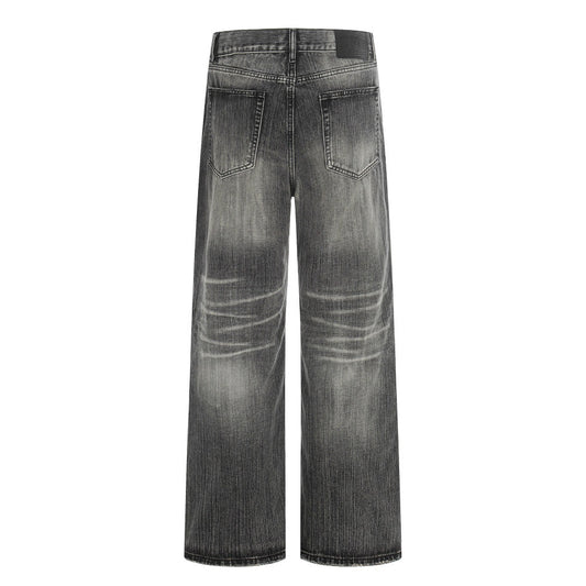 Washed and ground white denim straight leg pants
