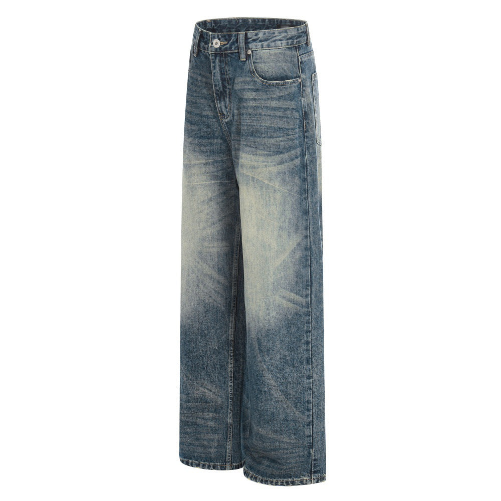 Grinding white washed denim straight leg pants