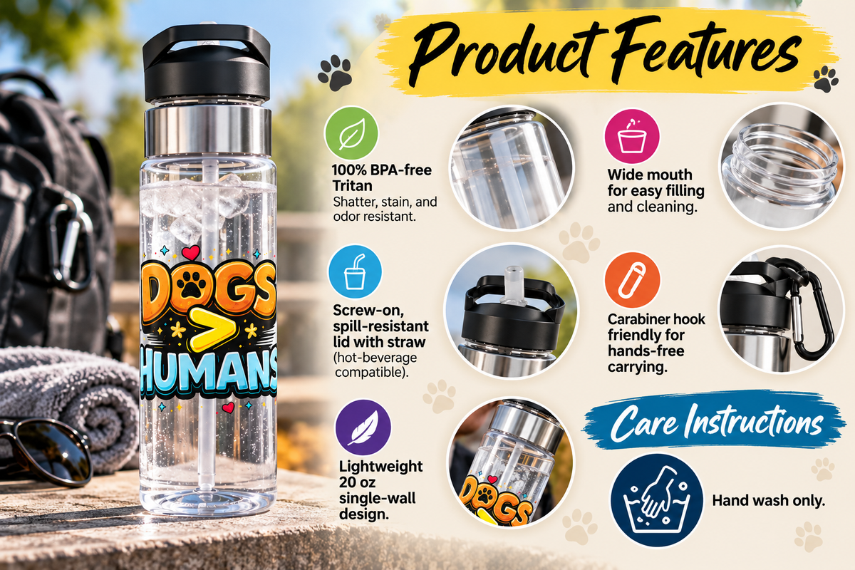 Sport Bottle - “Dogs > Humans” Cute Paw Print Water Bottle (20oz)