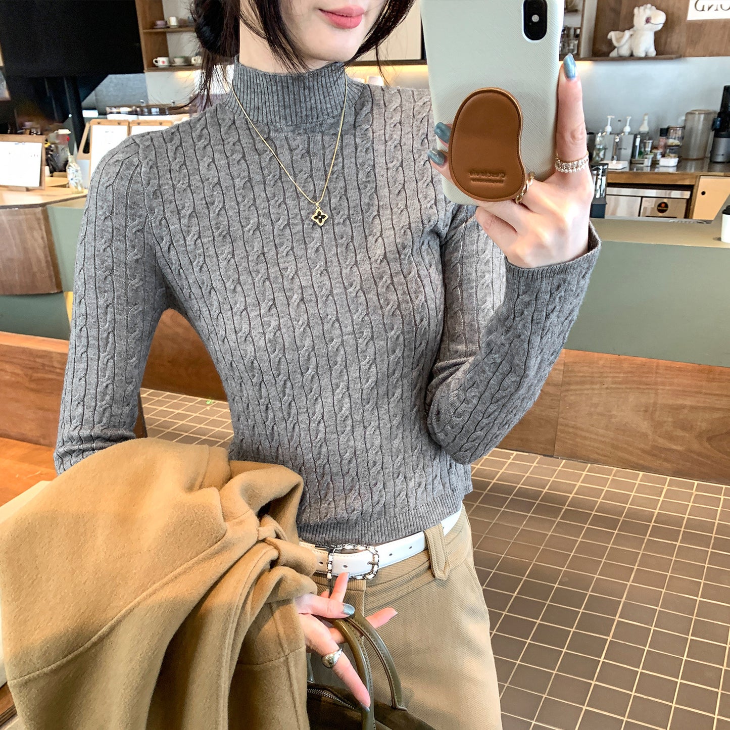 Chic Gray Cable Knit Crewneck Sweater Top for Women, Slim Fit Short Length Underwear Shirt