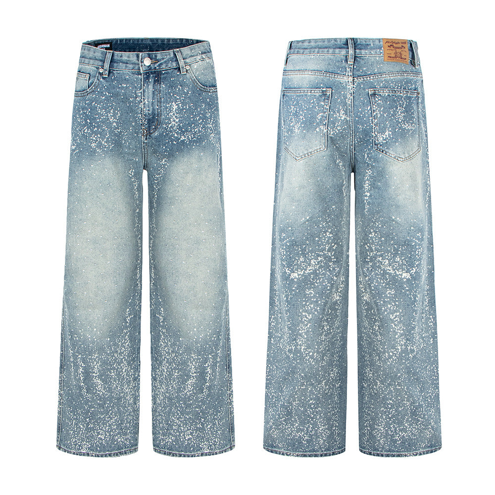 Starry Sky Painted Design Denim Pants with Rhinestones