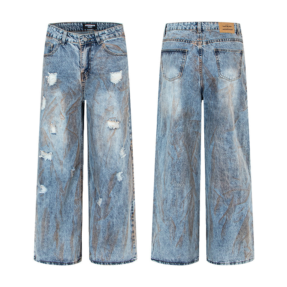 Washed Denim Pants with Dirty Fit, Oversized Straight Leg