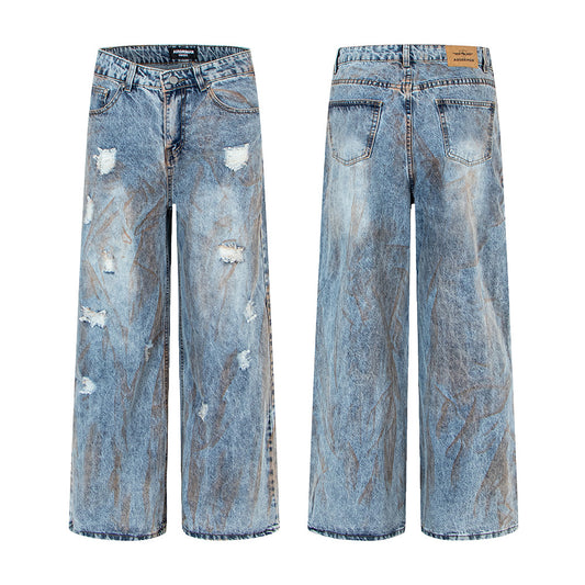 Washed Denim Pants with Dirty Fit, Oversized Straight Leg