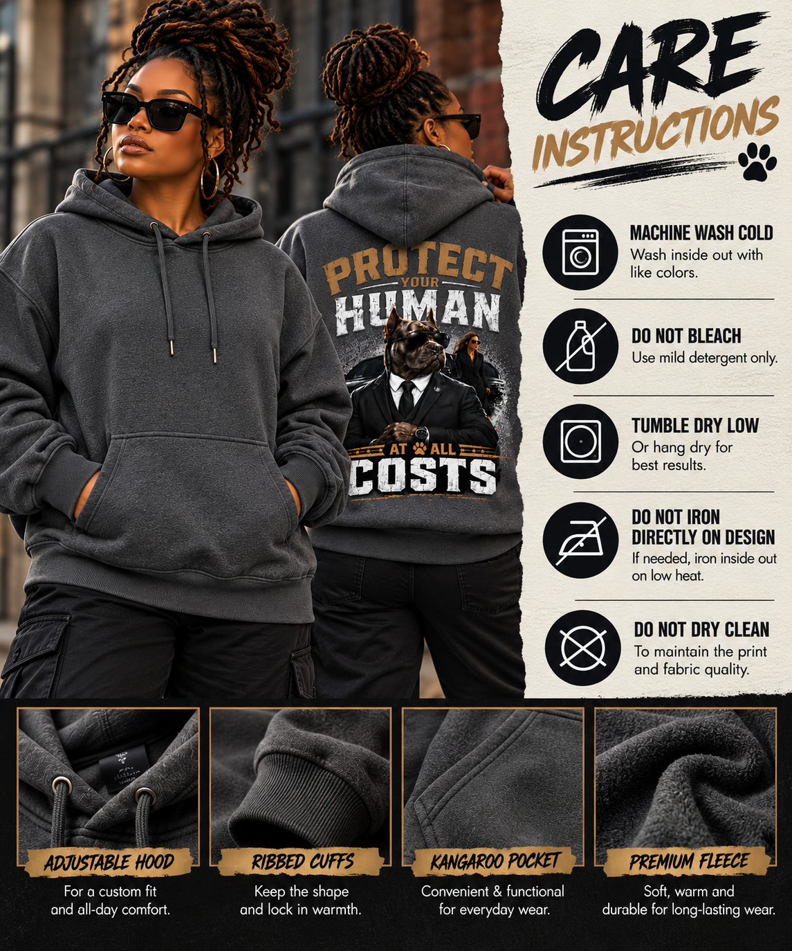 Protect Your Human At All Costs Fleece Hoodie