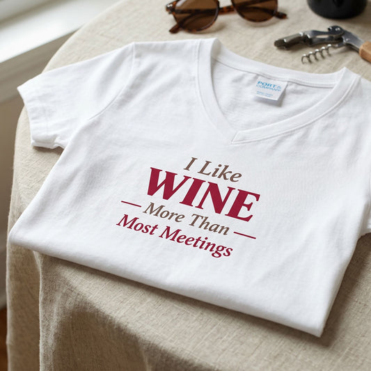 Flat lay of the 'I like wine more than meetings' T-shirt on linen surface, showcasing fabric, neckline, and detailed stitching.