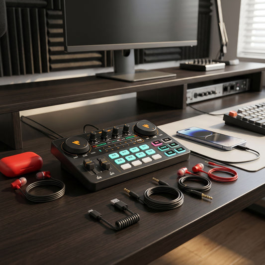 Full-angle view of the sound card set on a minimalist desk with a smartphone, in a well-lit office environment, showing connectivity and design.