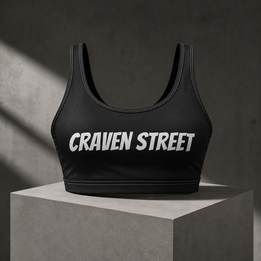Craven Street Black Crop Sports Bra — Bold Logo Activewear