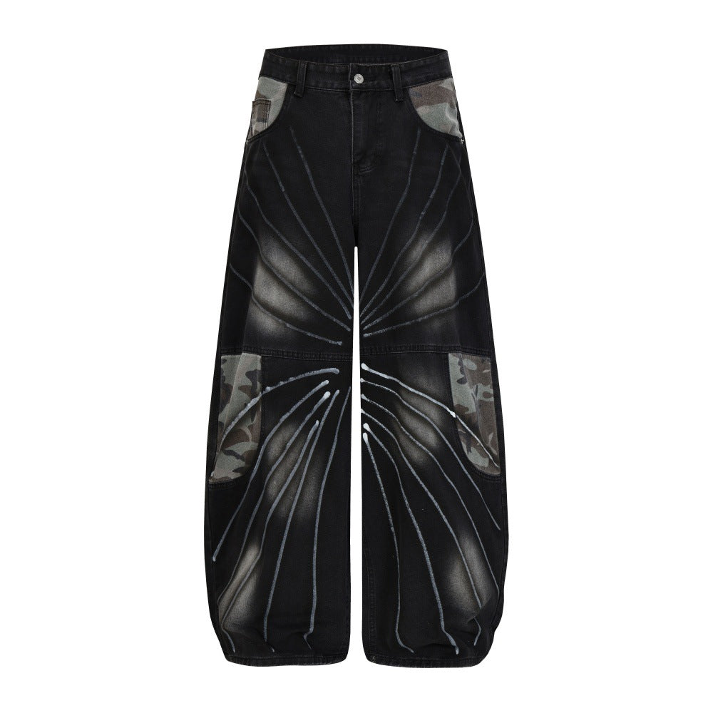 Camouflage color blocked denim wide leg pants