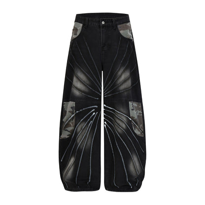 Camouflage color blocked denim wide leg pants