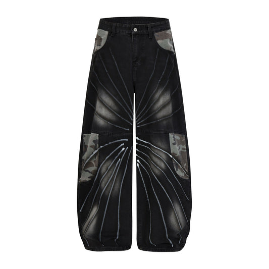 Camouflage color blocked denim wide leg pants