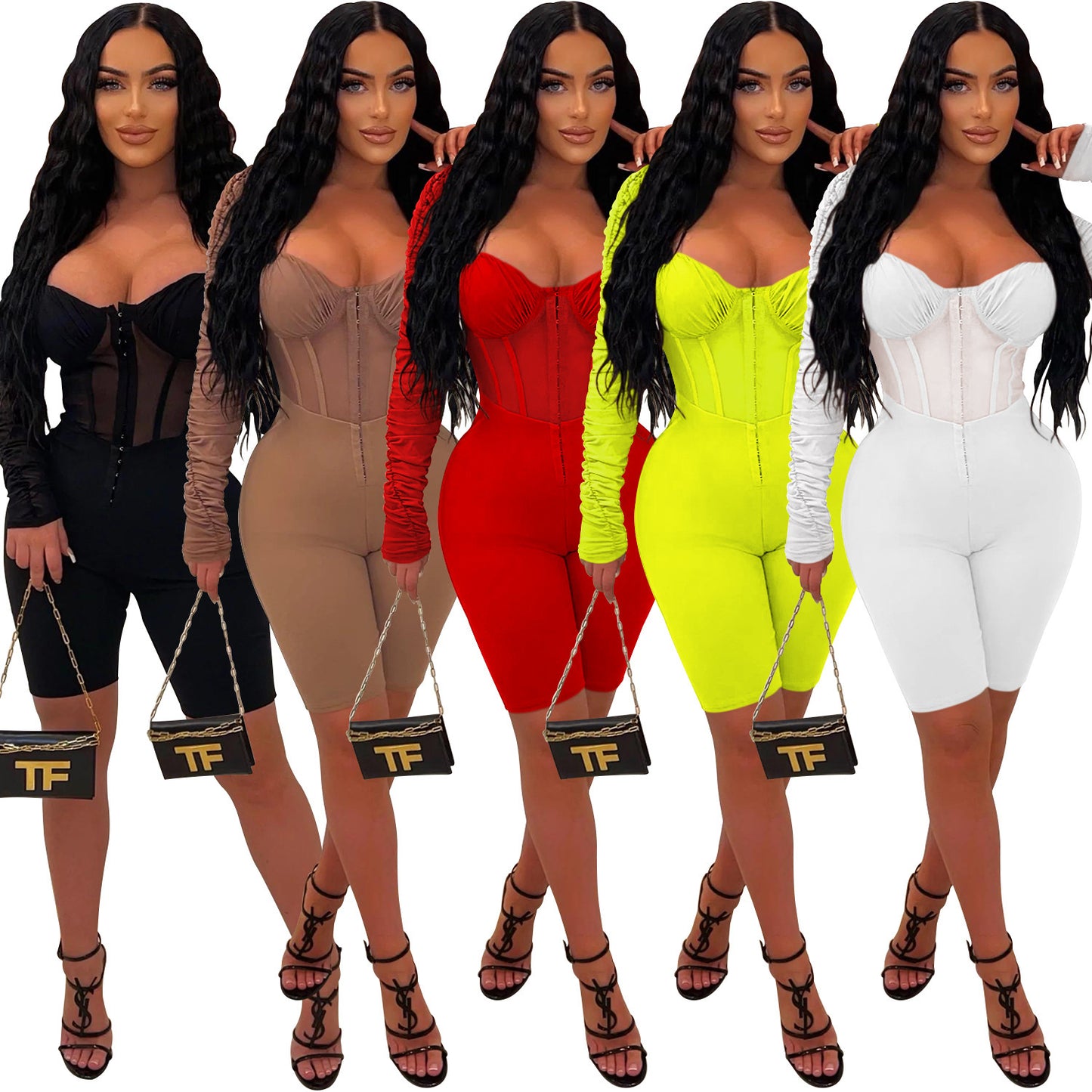 Fashion Women's Solid Color Long Sleeve Short Pants Mesh Sheer Jumpsuit