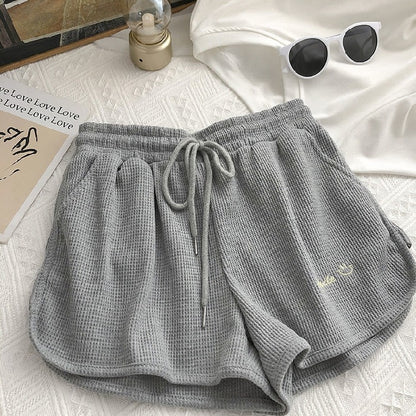 Waffle Knit Sweat Shorts for Women Summer Casual Loose High Waist Home Wear Wide Leg Hot Pants Outerwear