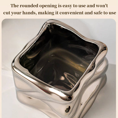 Ceramic Wavy Makeup Brush Holder - Dual-Use Minimalist Storage Jar for Vanity & Office Desk Organizer