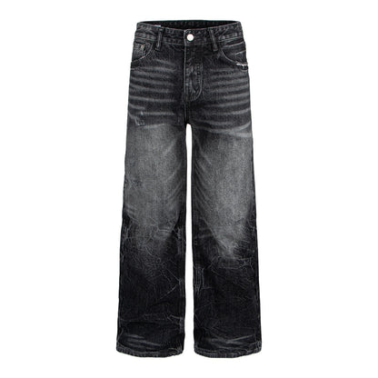 Style Lightning Pattern Vintage Washed Distressed Cat-Whisker Fleece Straight Leg Clean Fit Jeans