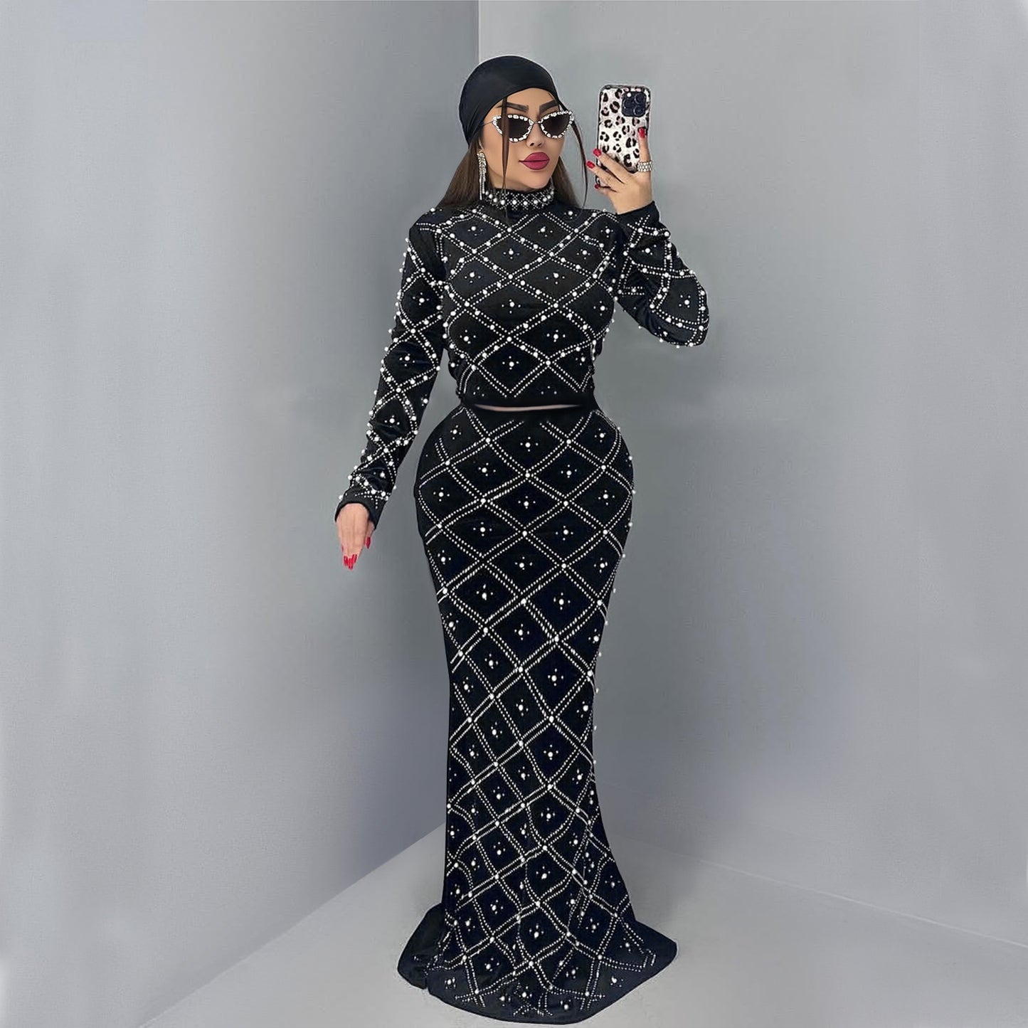Fashion Women's Elegant Rhinestone Beaded Top and Long Dress Two-Piece Set