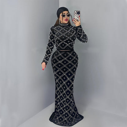 Fashion Women's Elegant Rhinestone Beaded Top and Long Dress Two-Piece Set
