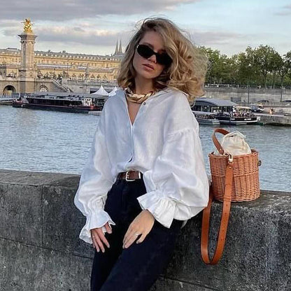 Loose collar long sleeved shirt for women