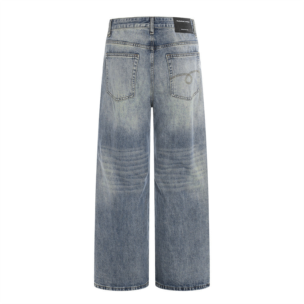 Washed and ground white denim wide leg pants