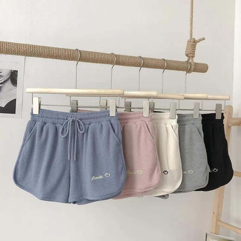 Waffle Knit Sweat Shorts for Women Summer Casual Loose High Waist Home Wear Wide Leg Hot Pants Outerwear
