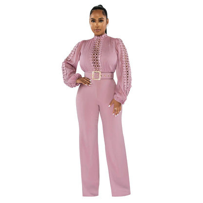 Solid Color Long Sleeve Belted Ruffle Cut-out Trousers Jumpsuit
