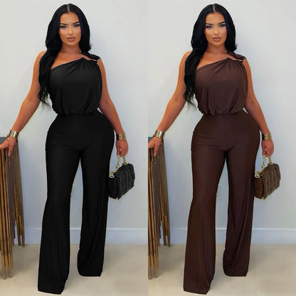 Fashion Women's Casual Off-Shoulder Sleeveless Bodycon Wide-Leg Jumpsuit