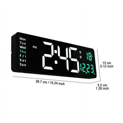 Large Digital Wall Clock with Remote Control, Temperature, Date, Week Display, Memory Function, Dual Alarms, and LED Wall Mount