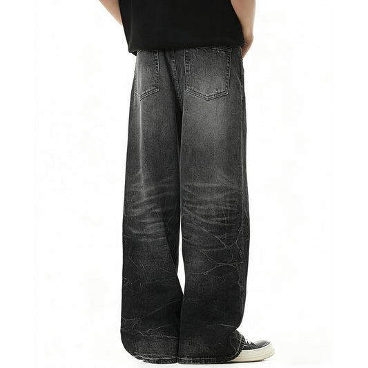 Style Lightning Pattern Vintage Washed Distressed Cat-Whisker Fleece Straight Leg Clean Fit Jeans