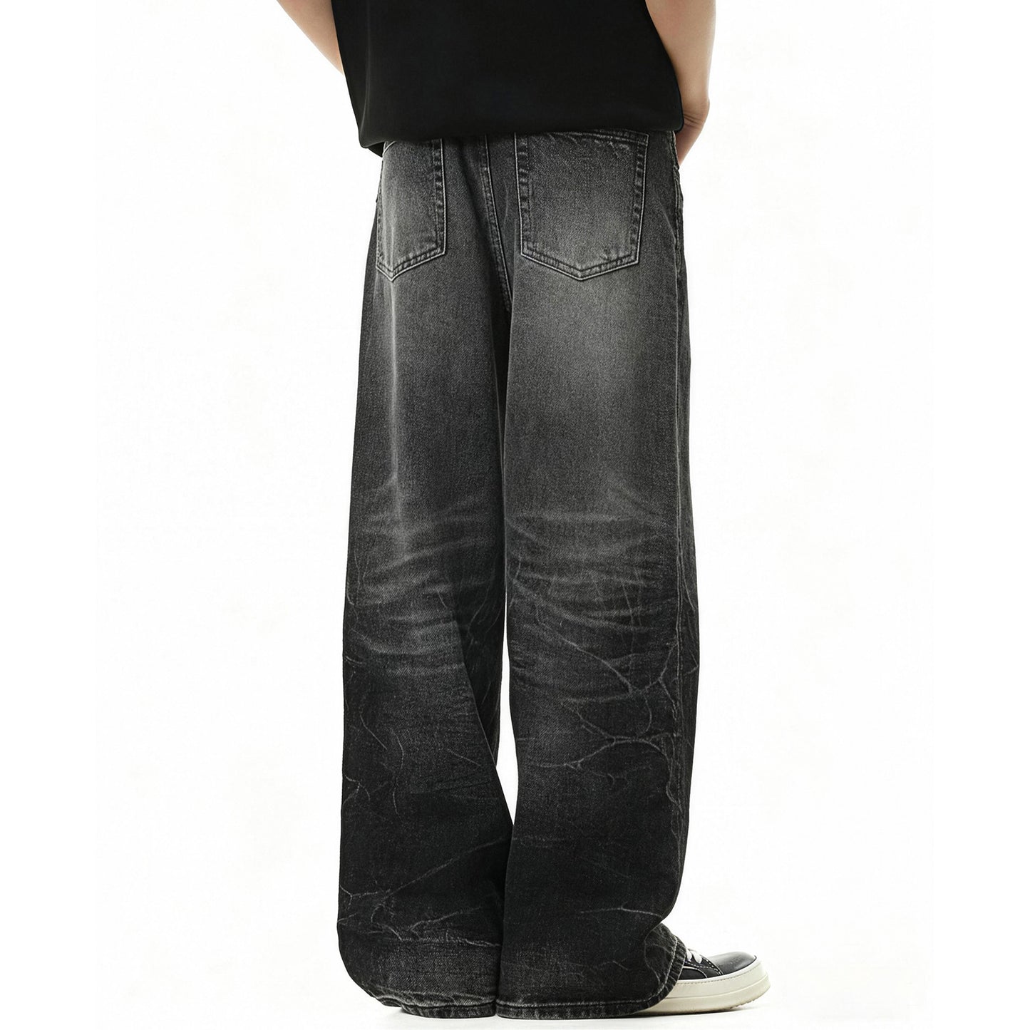 Style Lightning Pattern Vintage Washed Distressed Cat-Whisker Fleece Straight Leg Clean Fit Jeans