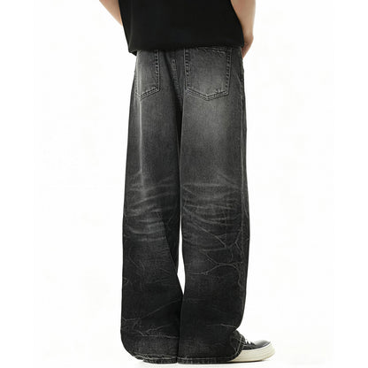 Style Lightning Pattern Vintage Washed Distressed Cat-Whisker Fleece Straight Leg Clean Fit Jeans