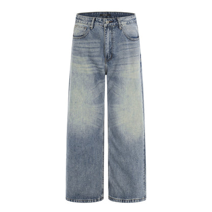 Washed and ground white denim wide leg pants