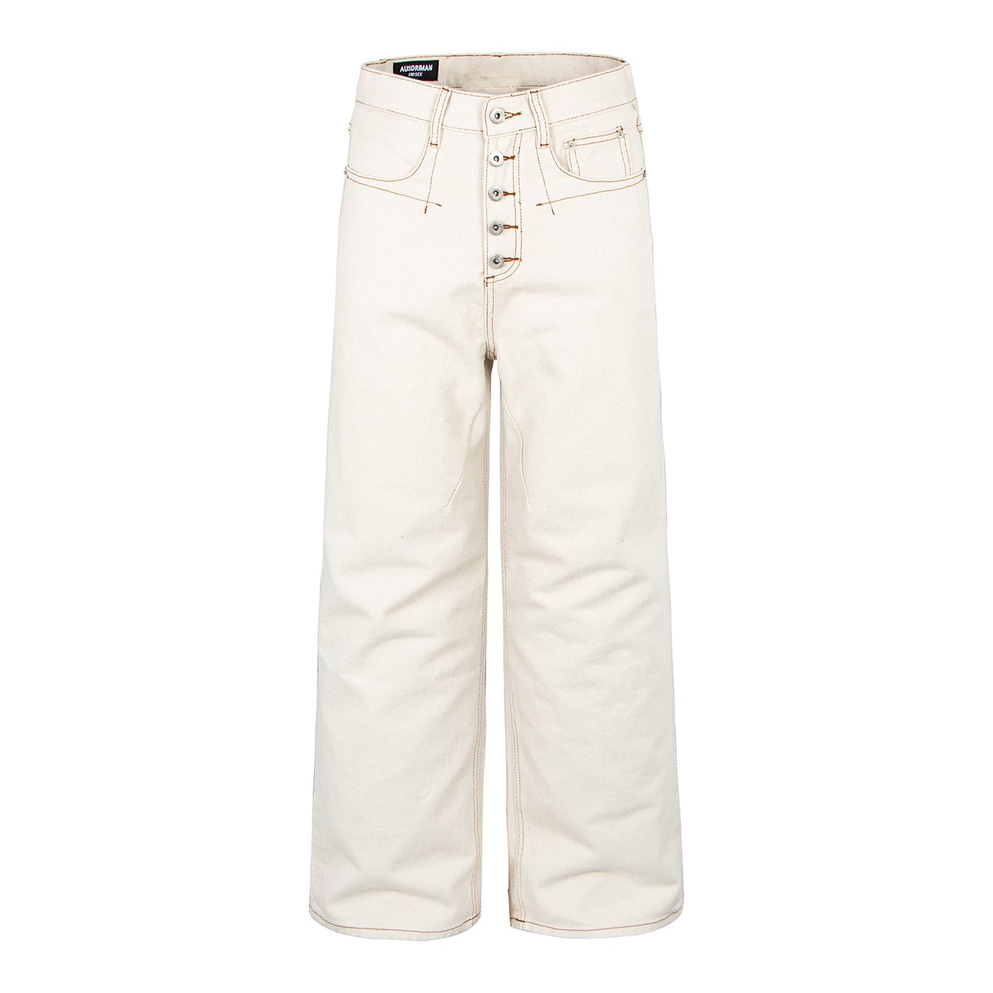Retro Denim Pants with Gold Topstitching, Button Detail, Embroidered Back Pockets