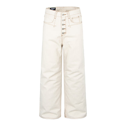 Retro Denim Pants with Gold Topstitching, Button Detail, Embroidered Back Pockets