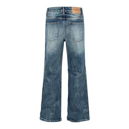 Washed Catwhisker Lightning Pattern Denim Pants