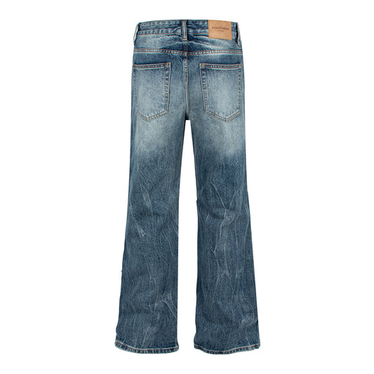 Washed Catwhisker Lightning Pattern Denim Pants