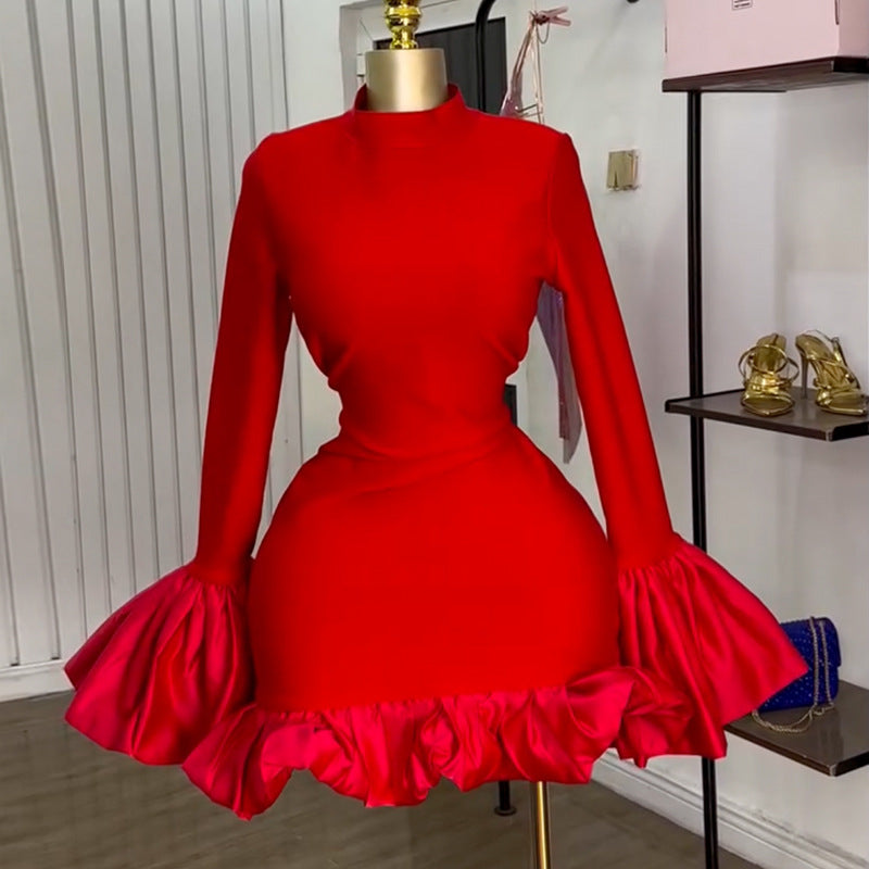 High-Neck Flared Sleeve High-Waisted Ruffle Fit-and-Flare Dress for Women