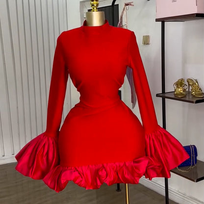 High-Neck Flared Sleeve High-Waisted Ruffle Fit-and-Flare Dress for Women