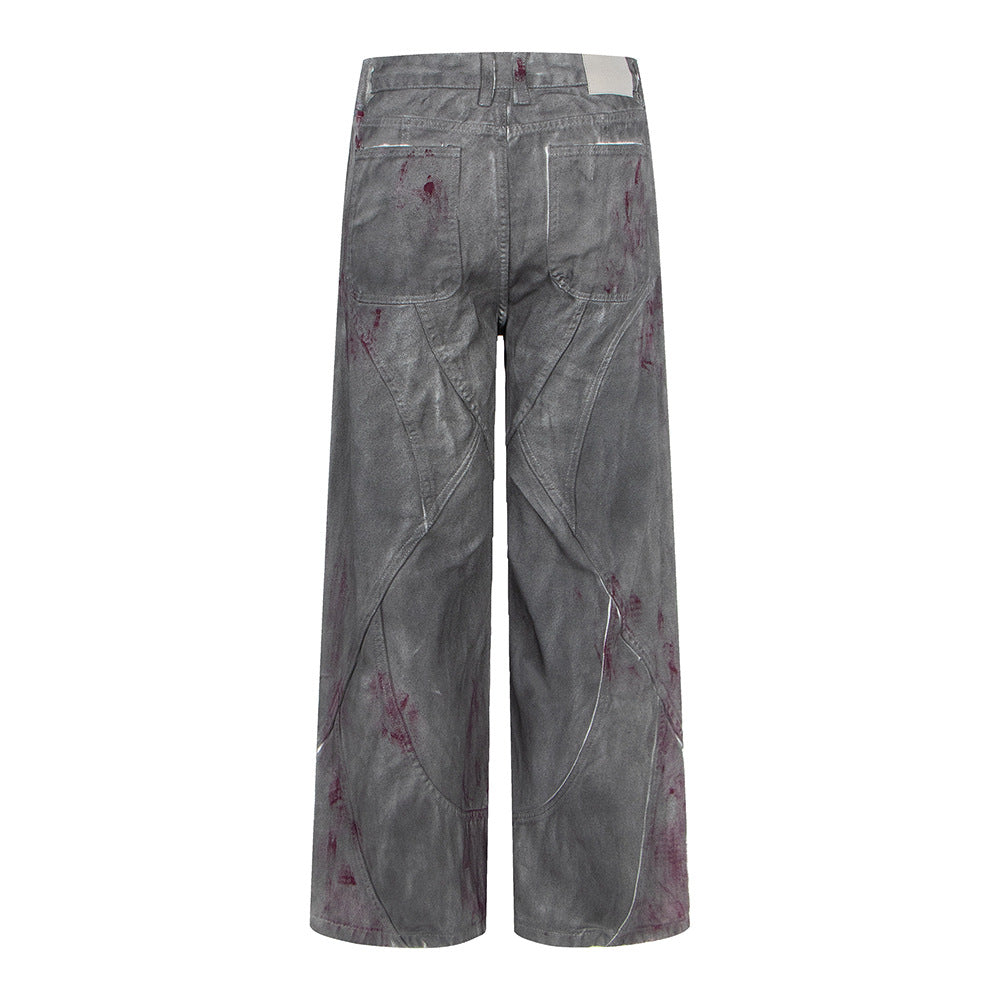 Distressed Dyed Denim Jeans, Trendy Brand, Loose Straight Leg Wide Leg Pants
