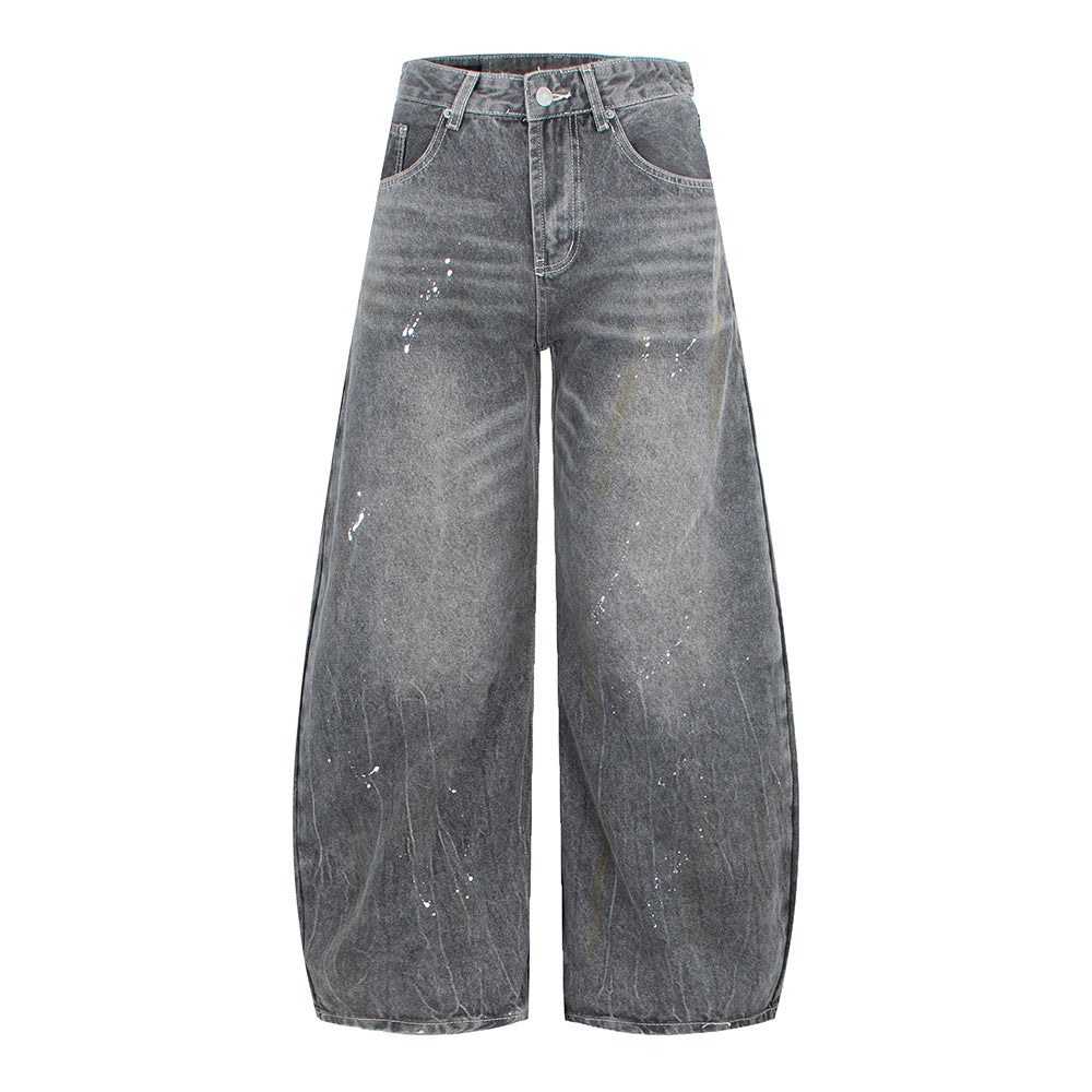 Vintage Washed White and Gray Splatter Design Wide Leg Jeans
