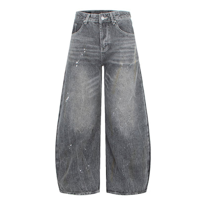Vintage Washed White and Gray Splatter Design Wide Leg Jeans