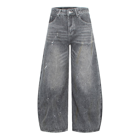 Vintage Washed White and Gray Splatter Design Wide Leg Jeans