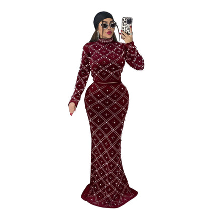 Fashion Women's Elegant Rhinestone Beaded Top and Long Dress Two-Piece Set