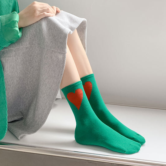 Spring and summer women's large heart-shaped sports socks, INS Korean style mid calf sports socks, Macaron Color sports socks 3 pairs