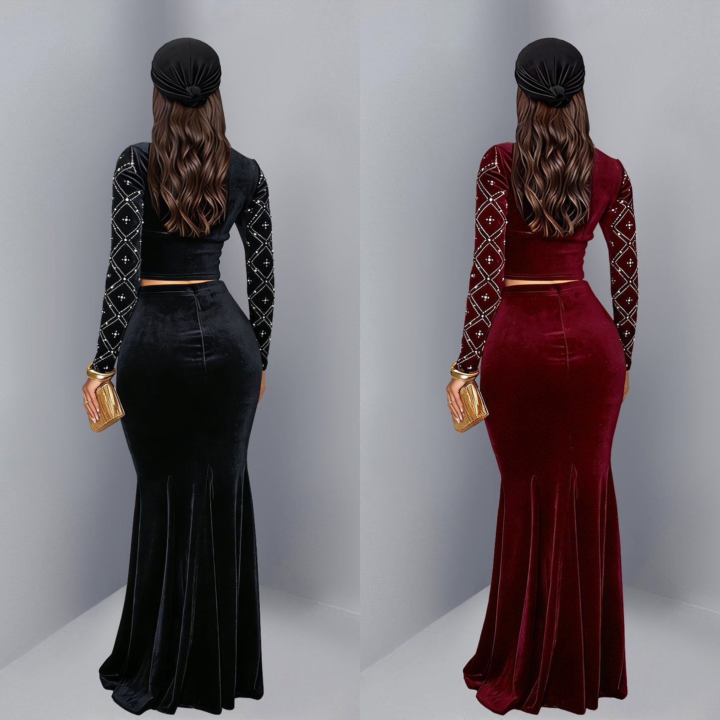 Fashion Women's Elegant Rhinestone Beaded Top and Long Dress Two-Piece Set