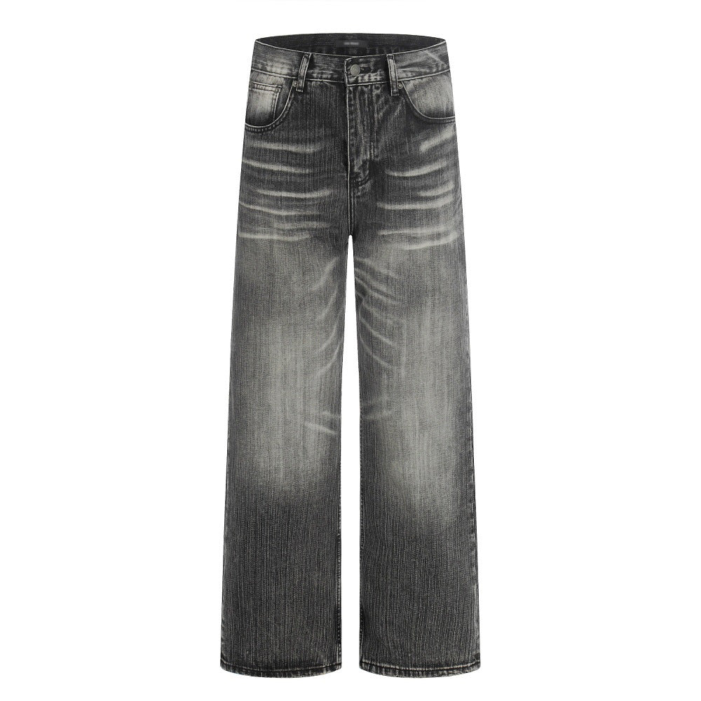 Washed and ground white denim straight leg pants